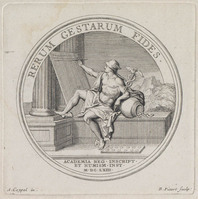 KG 11323
<br/>
Medaille: Mercurius schrijft, leunend op pot met geld
<br/>
<em>Picart, Bernard (1673-1733)</em>